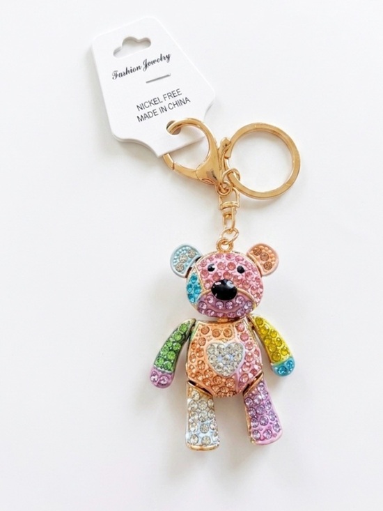 Fashion Jewelry Accessories - Multicolor Rhinestone Teddy Bear Keychain Bag Charm with Gold Hardware